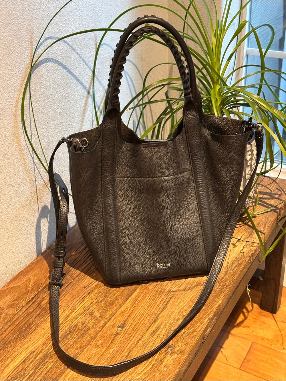 Botkier Black Pebbled Leather Braided-Handle Crossbody Tote